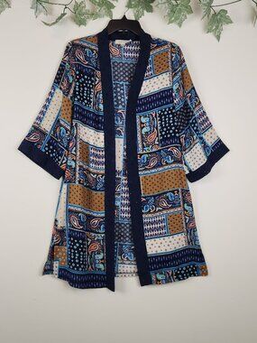 Luna Moon Size S Boho Eyelet Trim Open Front Kimono Cardigan with Pockets